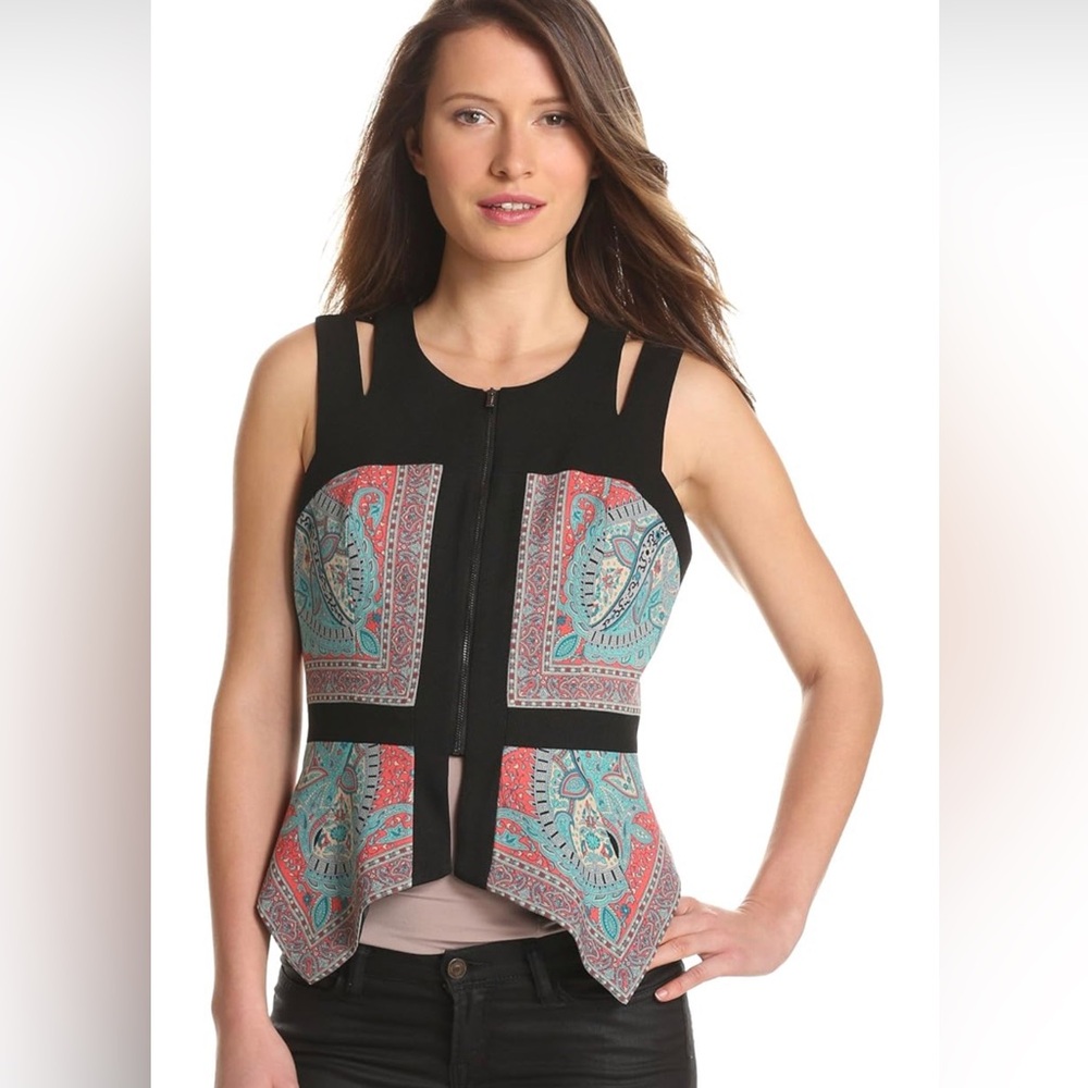 BCBG Max Azria Navy with Paisley Sleeveless Blouse, XXS